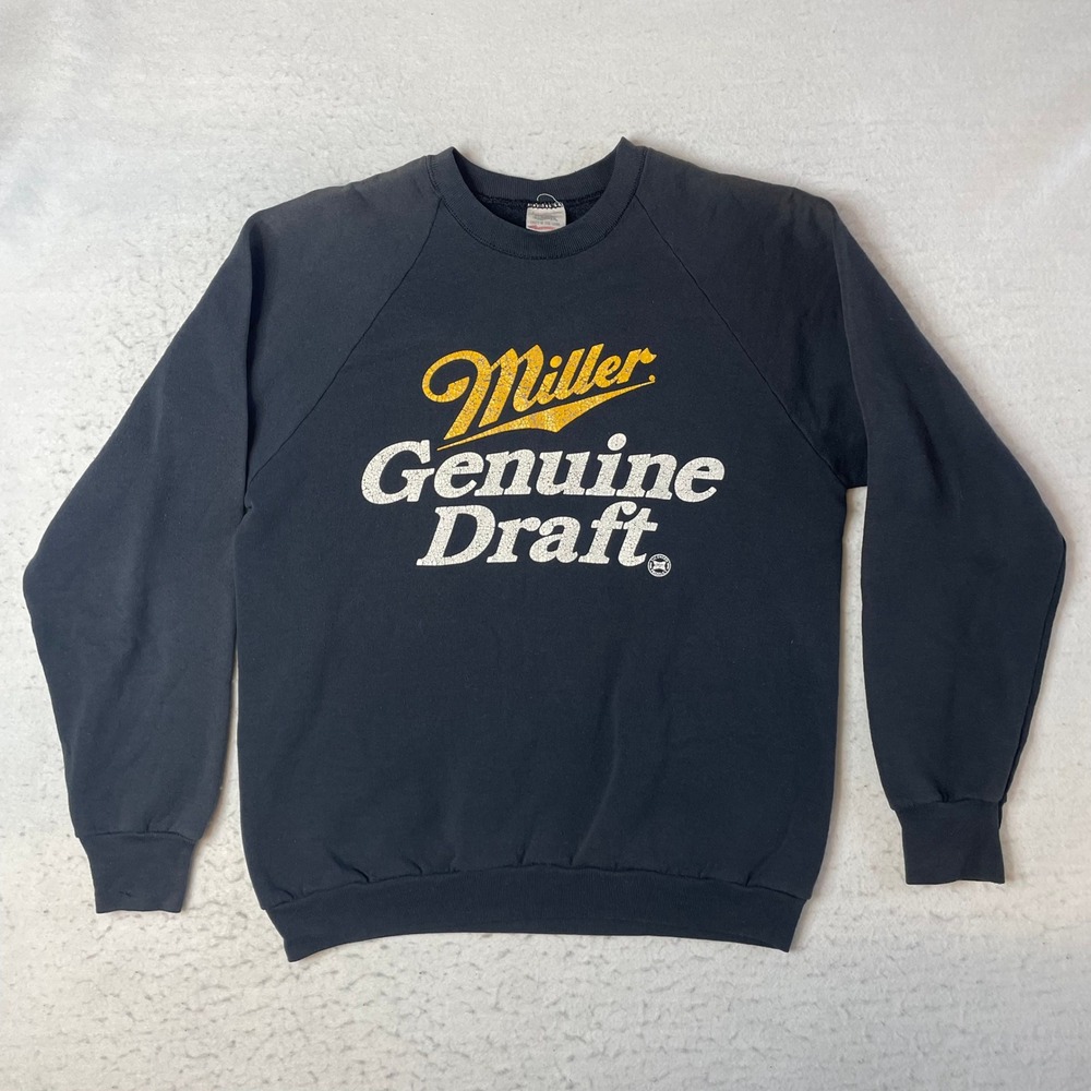 Fruit of the Loom Sweatshirt Large Black Miller Genuine Draft Vintage Raglan